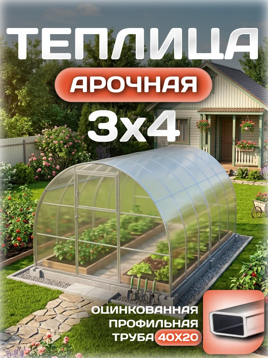 Теплица арочная 3х4 м, каркас 40х20, шаг дуг 0.65 м усиленная с поликарбонатом 4 мм 0,80 кг/м²